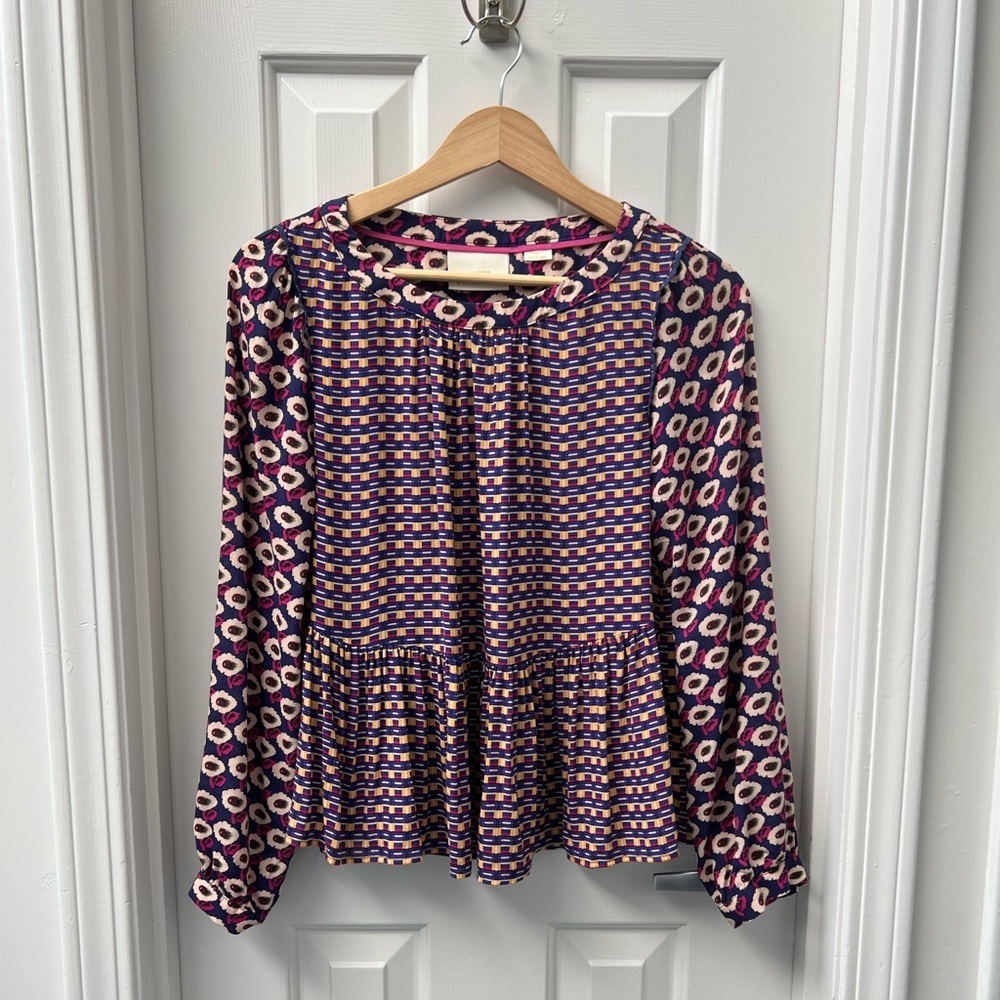 Maeve Anthropologie Purple Cheyenne Peplum Women’s Blouse Long Sleeve Size XSP